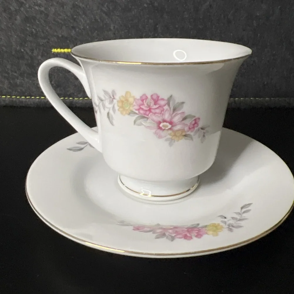 STR China Vintage Pink‎ Purple Yellow Floral Tea Cup and Saucer Gold Accents